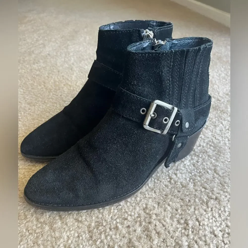 AllSaints Suede Quentin Harness Black Western Moto Ankle Boots sz 38